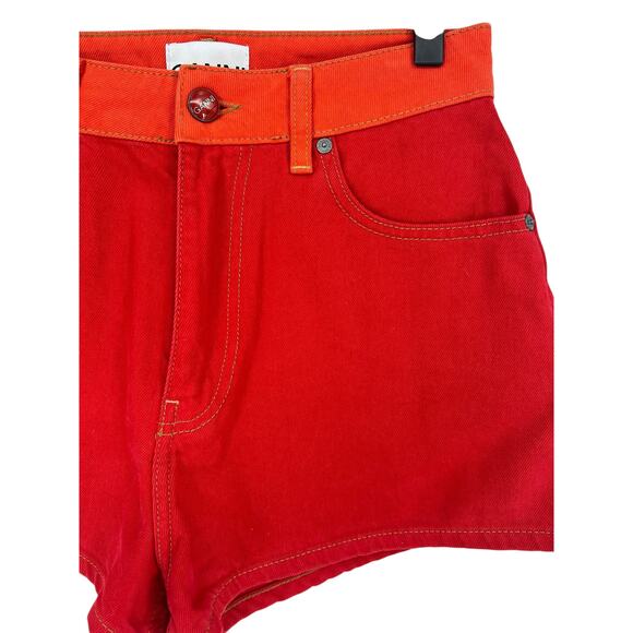 Ganni Colorblock High Rise Denim Shorts in Red/ Orange - Picture 5 of 13
